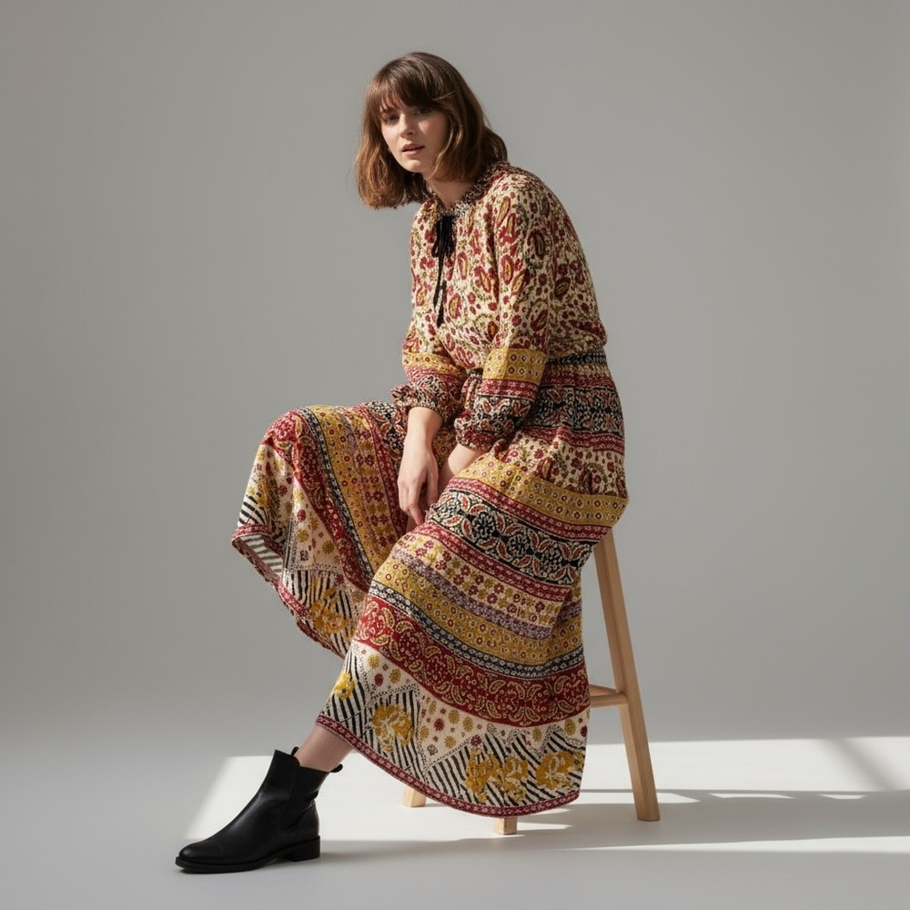 Printed Midi Skirt in Yellow & Red Patchwork